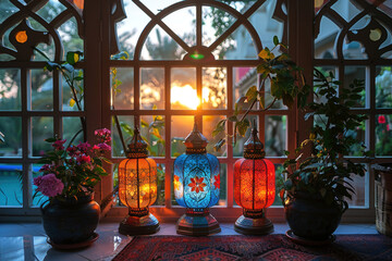 Colorful Moroccan lanterns by a window, perfect for interior design and home decor. End of Eid al-Fitr.