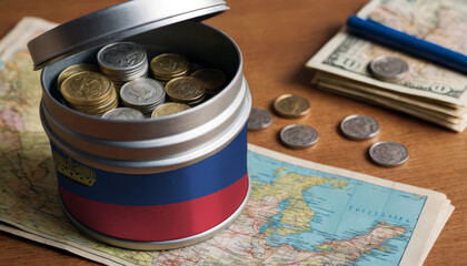 Liechtenstein flag-adorned money jar placed on a map. Saving for vacation, leisure pursuits. Financial strategy, travel budgeting, holiday fund accumulation - obrazy, fototapety, plakaty