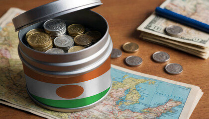 Niger flag-adorned money jar placed on a map. Saving for vacation, leisure pursuits. Financial strategy, travel budgeting, holiday fund accumulation - obrazy, fototapety, plakaty