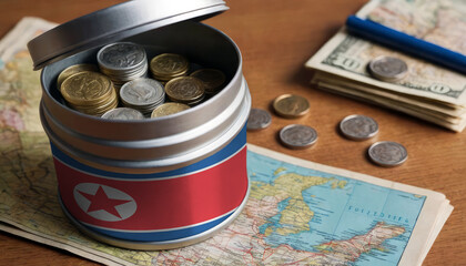 North Korea flag-adorned money jar placed on a map. Saving for vacation, leisure pursuits. Financial strategy, travel budgeting, holiday fund accumulation - obrazy, fototapety, plakaty
