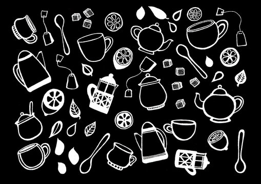 A set of tea party elements. White outline. Doodle. Isolated on black background. Teapots, cups, spoons, French press, sugar bowls, lemons, leaves, sugar cubes, tea bags.