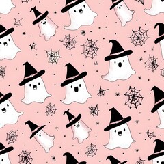 seamless pattern with a digital illustration of cute ghosts wearing witch hats