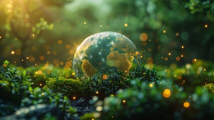 A beautiful green planet Earth sits in a lush green forest with sun shining through the trees in a magical atmosphere. - obrazy, fototapety, plakaty