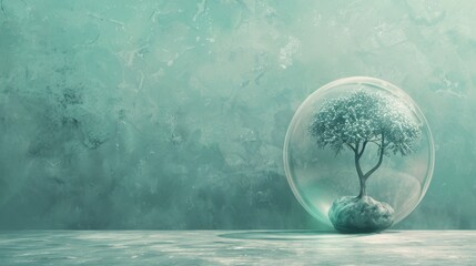 A bonsai tree inside a glass sphere sits on a reflective surface. - obrazy, fototapety, plakaty
