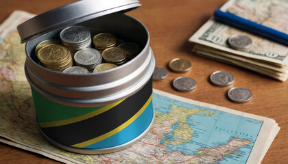 Tanzania flag-adorned money jar placed on a map. Saving for vacation, leisure pursuits. Financial strategy, travel budgeting, holiday fund accumulation - obrazy, fototapety, plakaty
