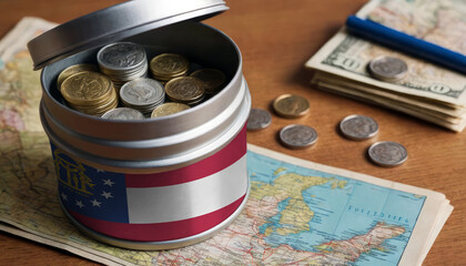 Georgia flag-adorned money jar placed on a map. Saving for vacation, leisure pursuits. Financial strategy, travel budgeting, holiday fund accumulation - obrazy, fototapety, plakaty