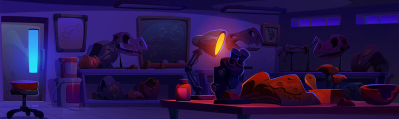 Archaeologist lab room and fossil on desk at night cartoon background. Dinosaur skull in paleontologist laboratory interior to research. History museum or scientific university explorer cabinet