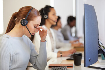 Stress, tired and woman in call center with headache, pain or burnout for customer service mistake....