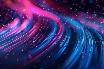 A vibrant abstract background featuring intertwining pink and blue waves of light and bokeh effects, creating a futuristic and dynamic visual