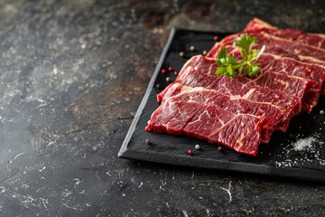 A piece of raw meat from Asian BBQ, possibly Wagyu beef, is placed on top of a cutting board with copy space. Traditional Chinese, Japanese, or Korean cooking preparation