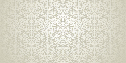 Wallpaper in the style of Baroque. Seamless vector background. Beige and silver floral ornament. Graphic pattern for fabric, wallpaper, packaging. Ornate Damask flower ornament - 792456399