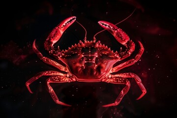A red crab stands out against a black background, showcasing its vibrant coloration and unique features - obrazy, fototapety, plakaty