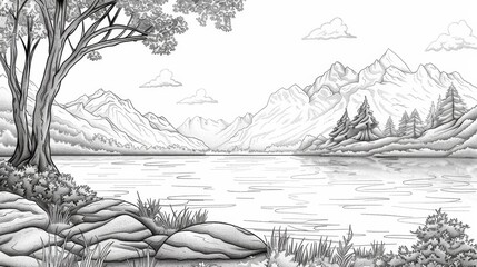 Place: A serene coloring book page depicting a tranquil lakeside scene