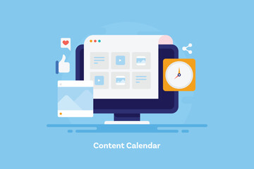 Content planner software, social media content calendar post schedule management dashboard vector illustration.