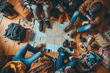 The picture of the group of the young or adult caucasian human focus and looking at a map of the world in a small room that has been filled with various object under bright sun in the daytime. AIGX03. - obrazy, fototapety, plakaty