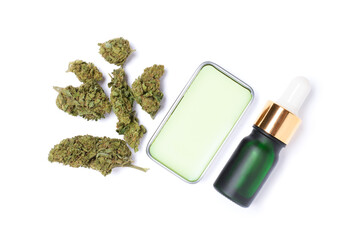 CBD oil and cannabis balm isolated on white background, top view, flat lay.