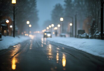 'weather bad road conditions snowstorm city car snow slow rain way street windscreen headlamp...