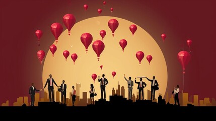 Naklejka premium Abstract portrayal of startup investment rounds, illustrated with rising balloons, symbolizing financial uplift, on a solid maroon background