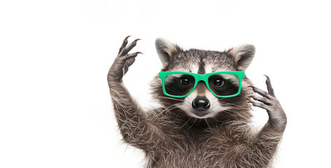 Naklejka premium A raccoon wearing green sunglasses. The image has a playful mood, as the raccoon is dressed up in sunglasses and he is enjoying the moment. Funny raccoon showing a rock gesture on white background