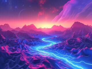 A colourful digital environment with a neon lit river meandering over mountain ranges under a dusk sky influenced by synthwave.