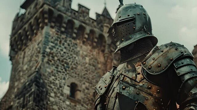 Knight in full armor in front of a castle. The concept of a medieval warrior and historical heritage