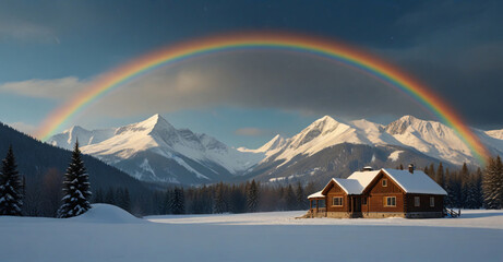 rainbow over the mountains winter landscape