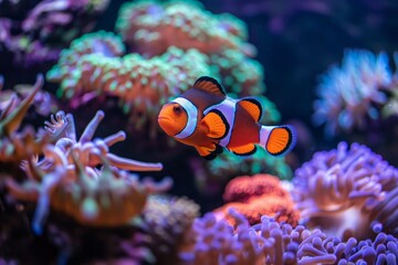 Fototapeta na wymiar A clownfish gracefully swims among colorful corals in a vibrant saltwater aquarium ecosystem