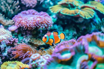 A clown fish gracefully swims among vibrant corals in a saltwater aquarium ecosystem