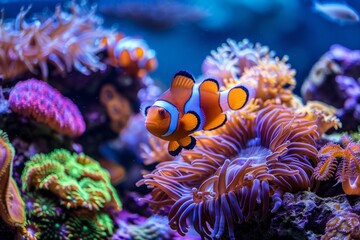 A clown fish elegantly swims among vibrant coral in a saltwater aquarium