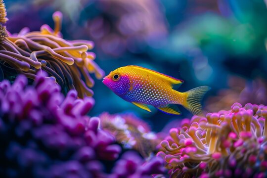 A yellow and blue Dottyback fish swims among vibrant coral reefs in a mesmerizing saltwater aquarium scene