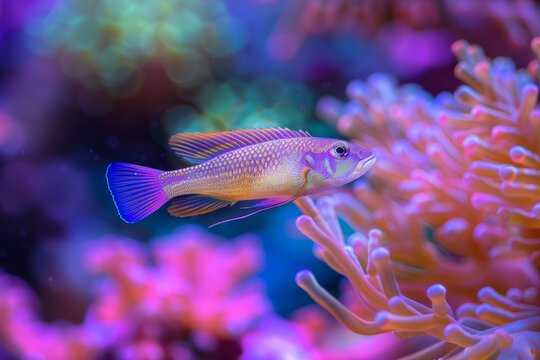 A Dottyback fish swims gracefully through vibrant coral reefs in a mesmerizing saltwater aquarium scene