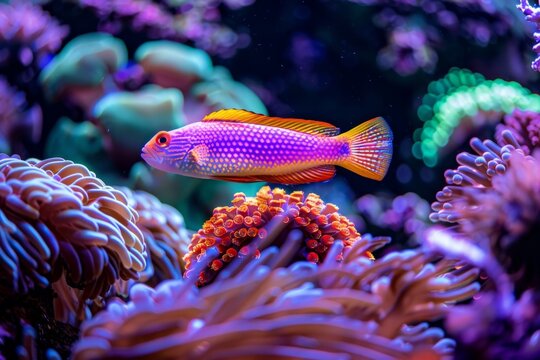 A Dottyback fish perched on top of colorful coral in a mesmerizing underwater scene