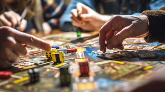 Defocused image of a group of players sitting around a table with blurred game boards and cards in front of them symbolizing the strategic and intense nature of board games. .
