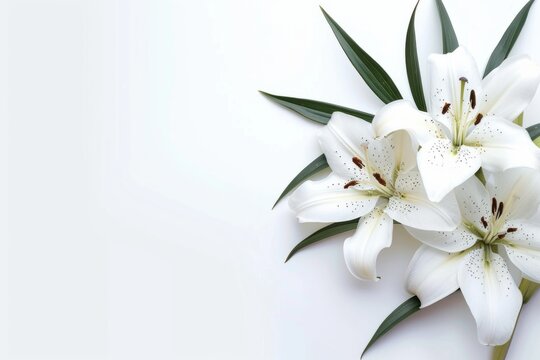 Fototapeta A dense cluster of white flowers rests on a white background, creating a serene and elegant aesthetic, perfect for memorial or remembrance designs