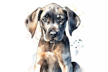 Watercolor Great Dane puppy isolated on white background.  Pet Portrait with copy space.