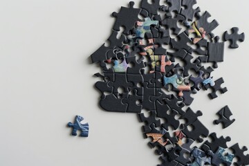 A composite human head profile created from interlocking jigsaw puzzle pieces, symbolizing concepts related to cognitive psychology and psychotherapy