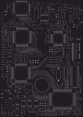 Fragment of a digital technology printed circuit board. Vector illustration. Sketch for creativity.