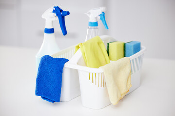 Cleaning, tools and basket with bottle spray for home disinfection or detergent container for...