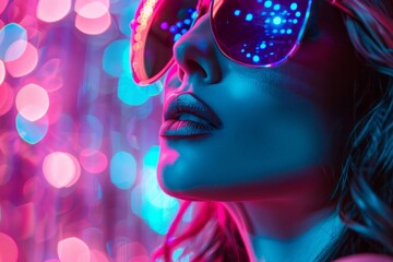 A woman in retro sunglasses stands against a bright, pop art background