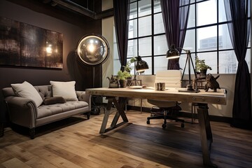 Polished Industrial Chic: Office Decor with Chic Furnishings and Sleek Floors - obrazy, fototapety, plakaty