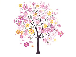 Pink and yellow flower tree illustration in vector clipart format, set on a white background.