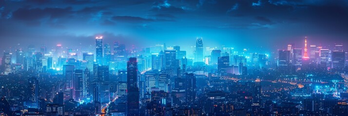 Futuristic Neon Cityscape: Illuminated High-Tech Metropolis with Holographic Elements

 - obrazy, fototapety, plakaty