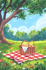 Picnic , Sunny picnic with a red and white checkered blanket and wicker basket