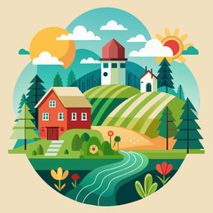 Farm, agriculture rural landscape, village house. Vector horizontal illustration, flat style (19)