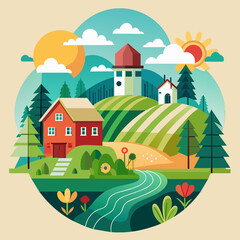 Fototapeta premium Farm, agriculture rural landscape, village house. Vector horizontal illustration, flat style (19)