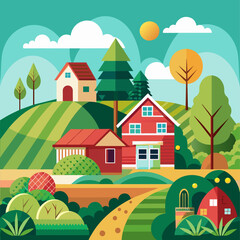 Obraz na płótnie Canvas Farm, agriculture rural landscape, village house. Vector horizontal illustration, flat style (1)
