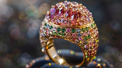 A magnified view of a bejeweled ring showcasing the expert work of local craftsmen. Each stone is carefully set in place enhancing the shimmering effect of the piece. . - obrazy, fototapety, plakaty