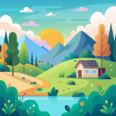 Naklejka premium Farm, agriculture rural landscape, village house. Vector horizontal illustration, flat style (37)