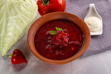 Borsch soup with cabbage and beetroot