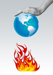 conceptual collage of earth planet under flame, warming concept